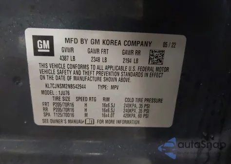 2022 Chevrolet Trax Awd Ls из США, поврежденный, VIN KL7CJNSM2NB542944